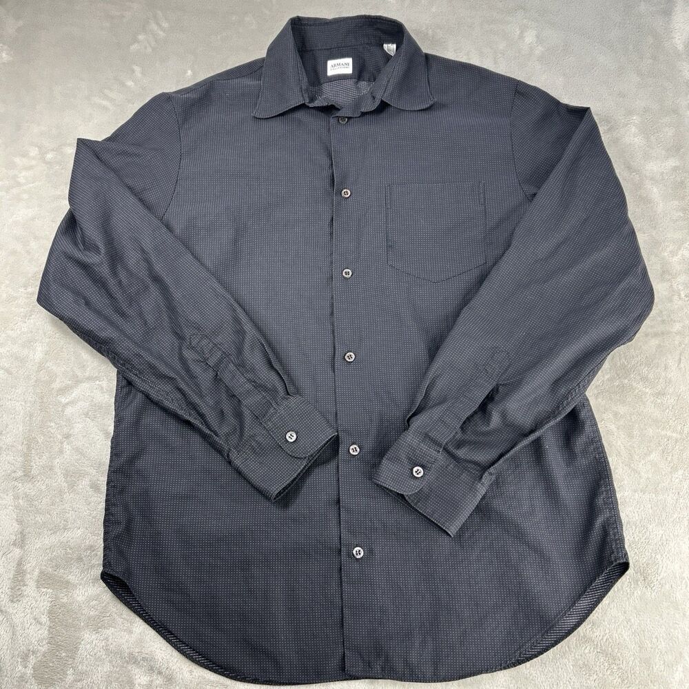 Armani Collezioni Dress Shirt Mens Large Black Polka Dot Cotton Button Down